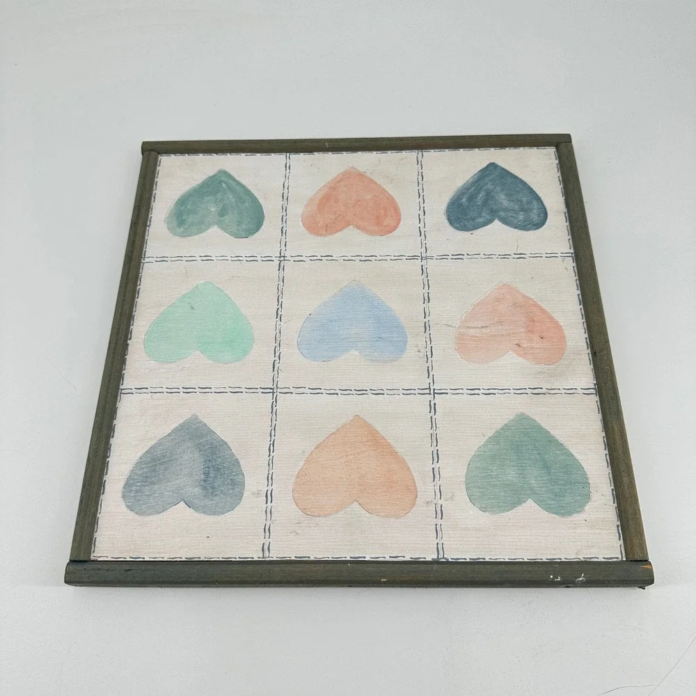 Rustic Wooden Square Wall Art Nine Pastel Hearts Grid Grey Frame 12x12